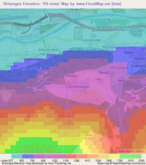 Brissogne,Italy Elevation Map