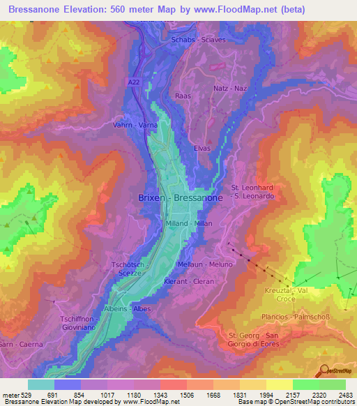 Bressanone,Italy Elevation Map