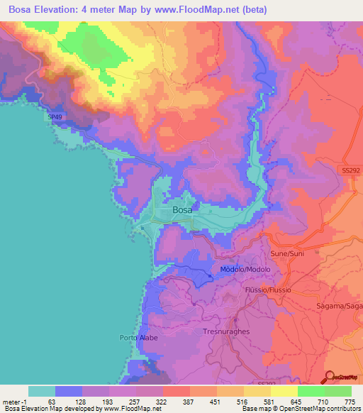 Bosa,Italy Elevation Map