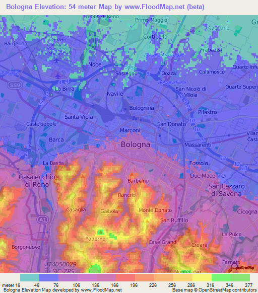 Bologna,Italy Elevation Map