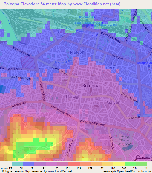 Bologna,Italy Elevation Map