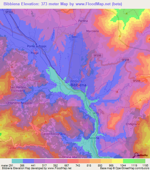 Bibbiena,Italy Elevation Map