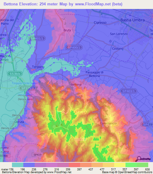 Bettona,Italy Elevation Map