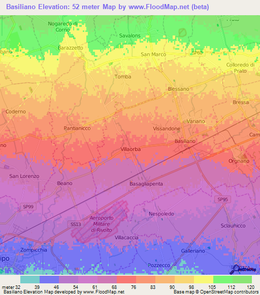 Basiliano,Italy Elevation Map