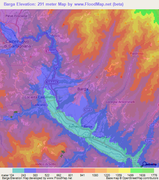 Barga,Italy Elevation Map