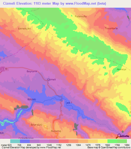 Cizmeli,Turkey Elevation Map