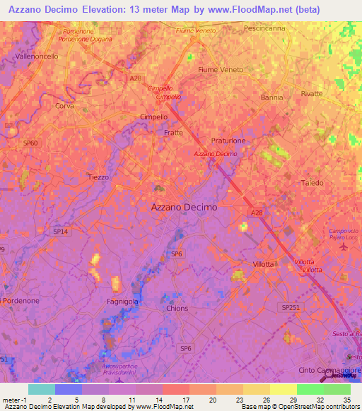 Azzano Decimo,Italy Elevation Map