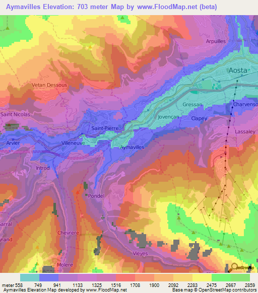 Aymavilles,Italy Elevation Map