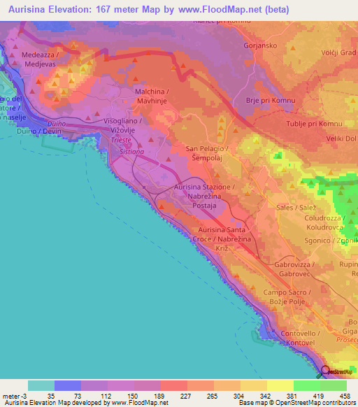 Aurisina,Italy Elevation Map