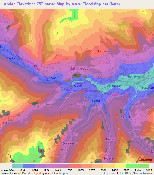 Arvier,Italy Elevation Map