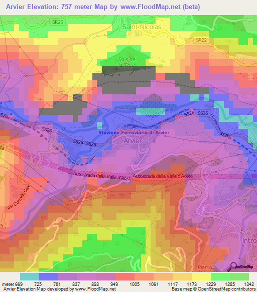 Arvier,Italy Elevation Map