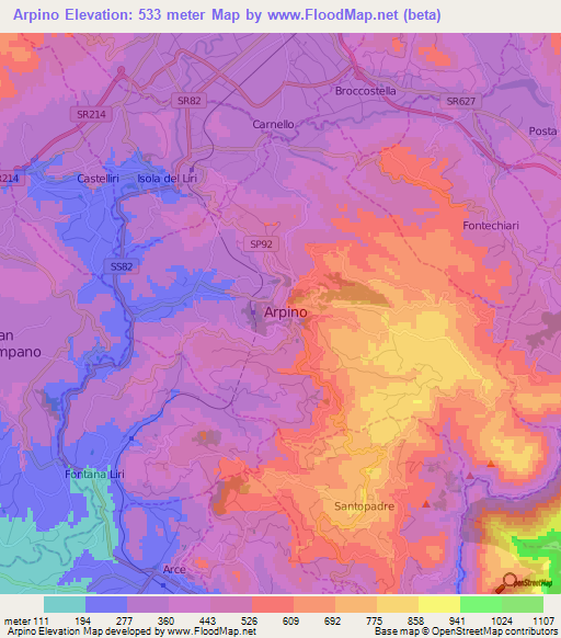 Arpino,Italy Elevation Map