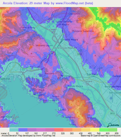 Arcola,Italy Elevation Map