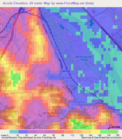 Arcola,Italy Elevation Map