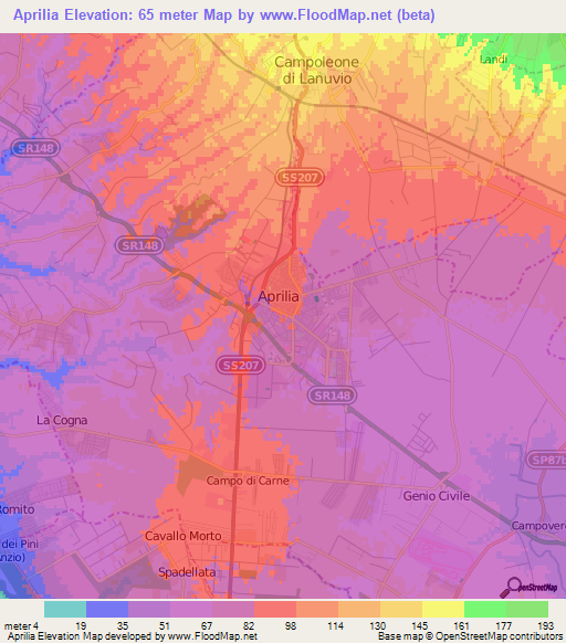 Aprilia,Italy Elevation Map