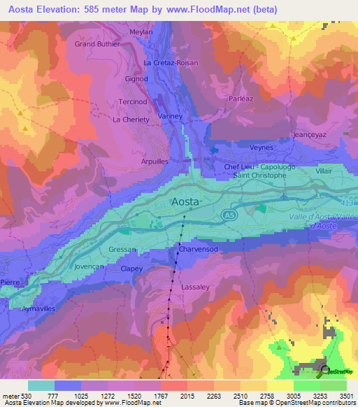 Aosta,Italy Elevation Map