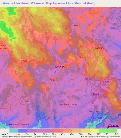 Amelia,Italy Elevation Map