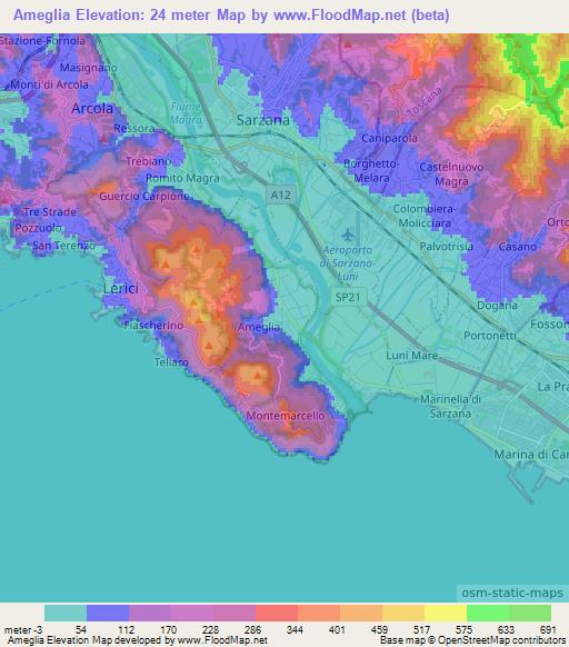 Ameglia,Italy Elevation Map