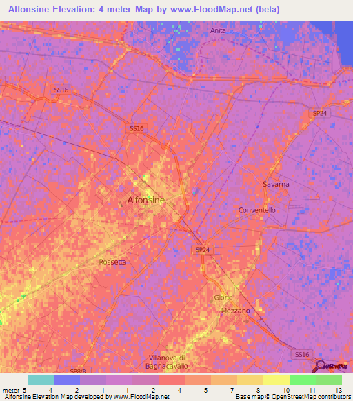 Alfonsine,Italy Elevation Map