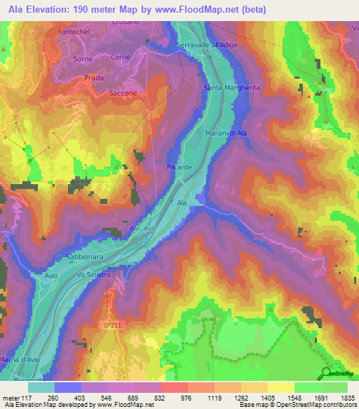 Ala,Italy Elevation Map