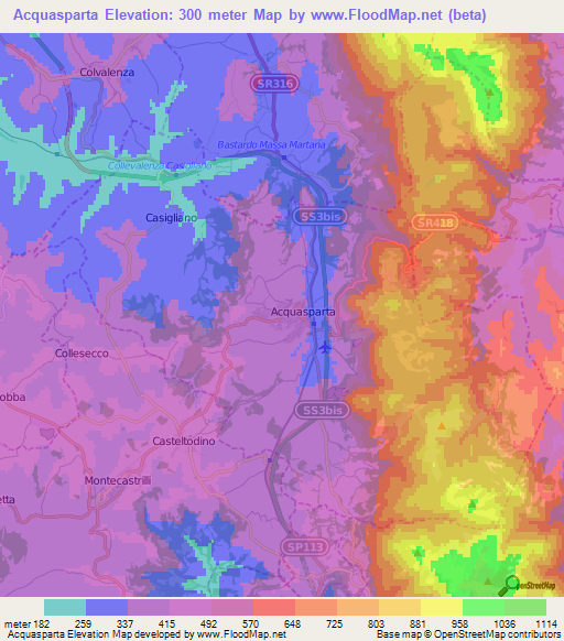 Acquasparta,Italy Elevation Map