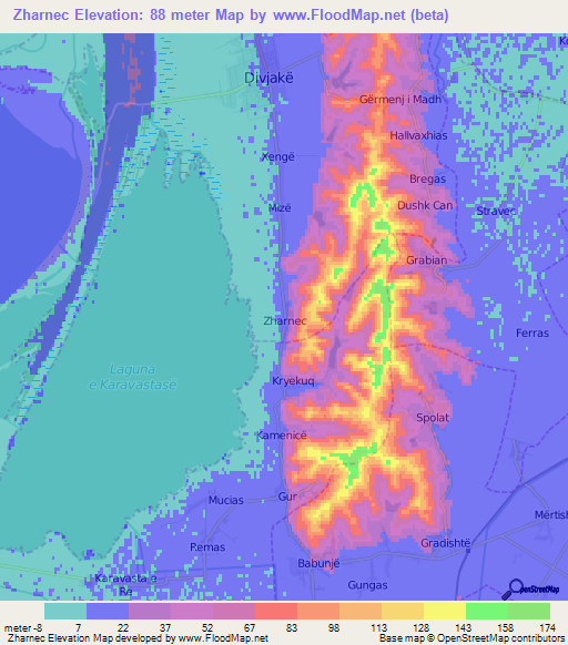 Zharnec,Albania Elevation Map