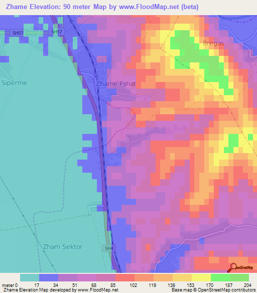 Zhame,Albania Elevation Map