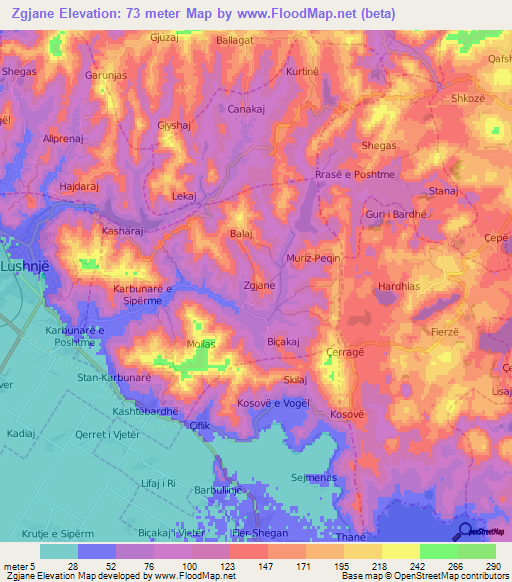 Zgjane,Albania Elevation Map