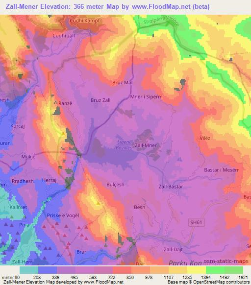 Zall-Mener,Albania Elevation Map