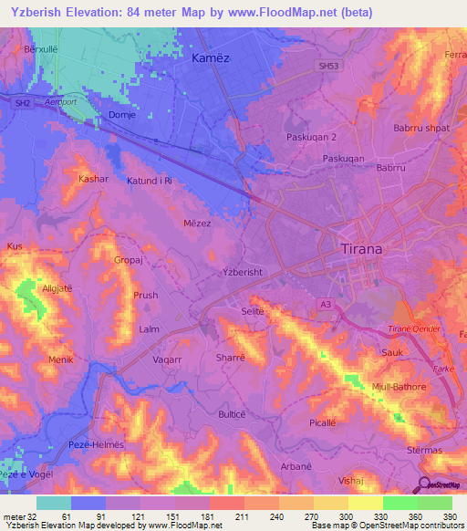 Yzberish,Albania Elevation Map