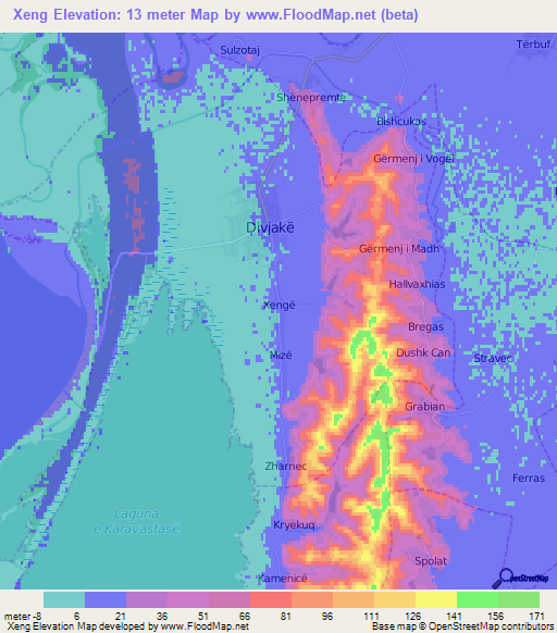 Xeng,Albania Elevation Map