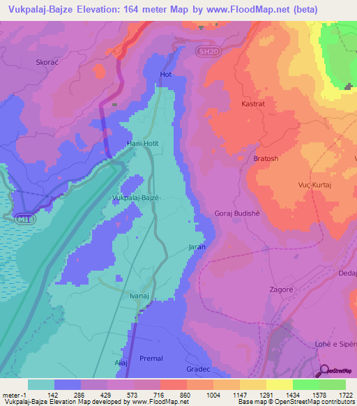 Vukpalaj-Bajze,Albania Elevation Map