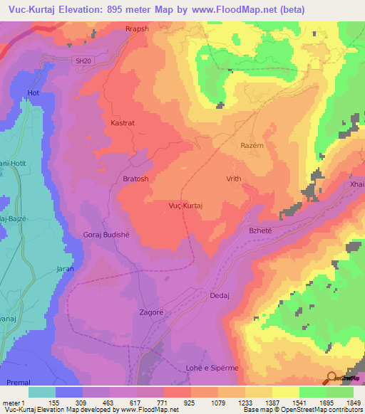 Vuc-Kurtaj,Albania Elevation Map