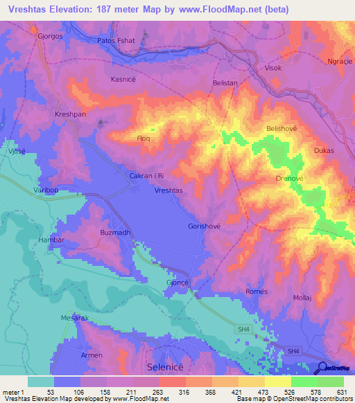 Vreshtas,Albania Elevation Map