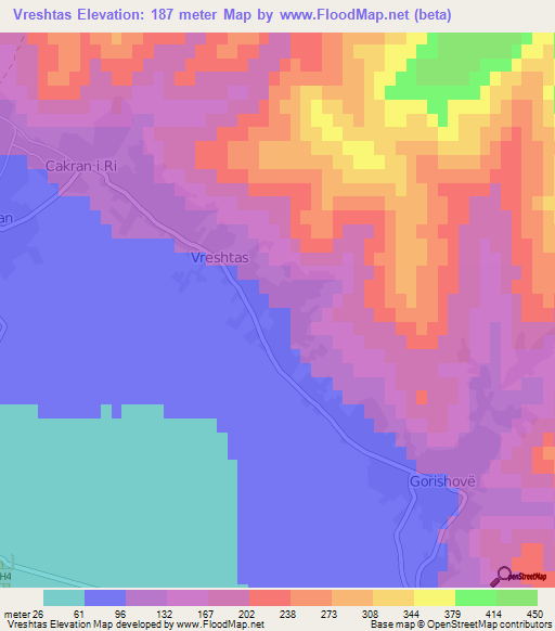 Vreshtas,Albania Elevation Map