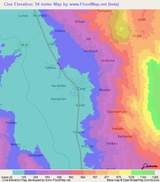 Cine,Turkey Elevation Map