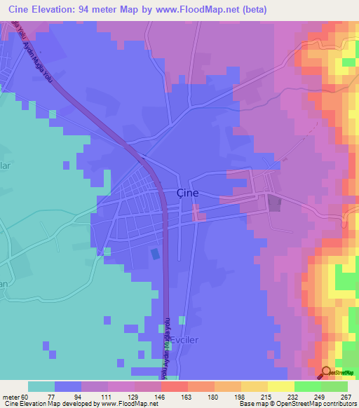 Cine,Turkey Elevation Map