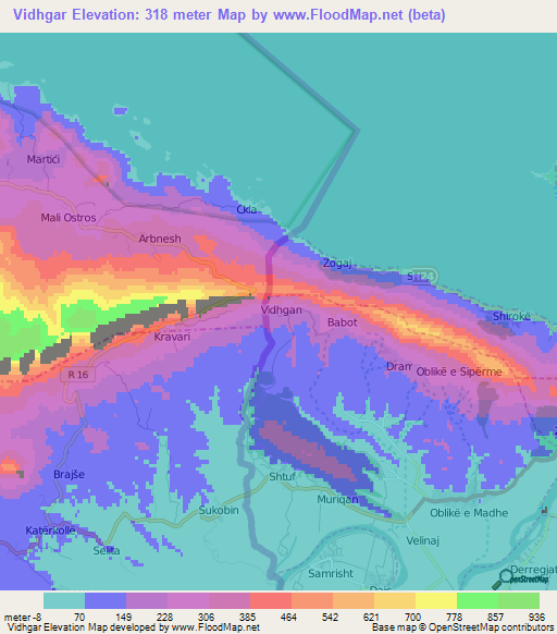 Vidhgar,Albania Elevation Map