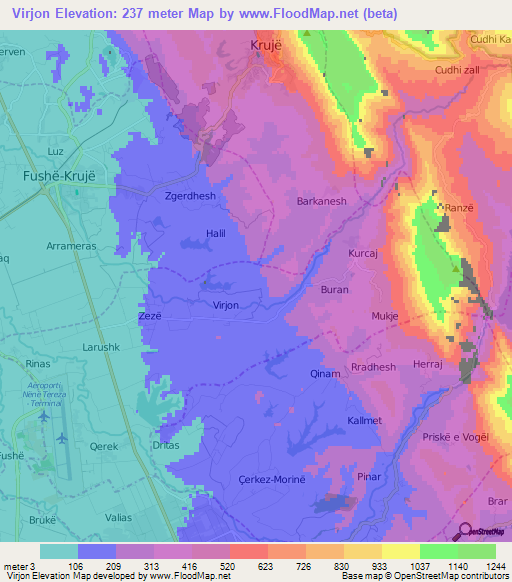 Virjon,Albania Elevation Map