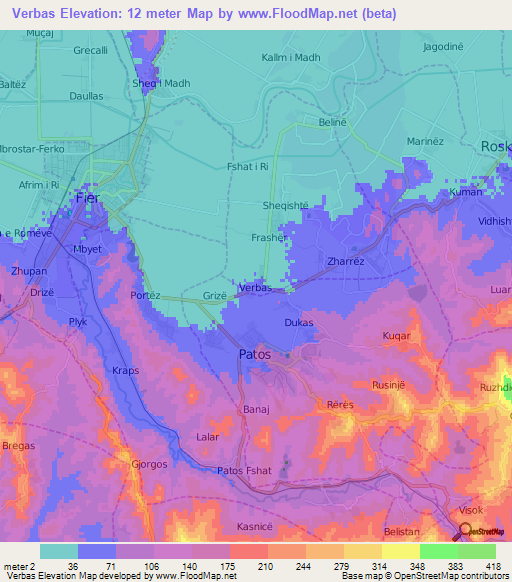 Verbas,Albania Elevation Map