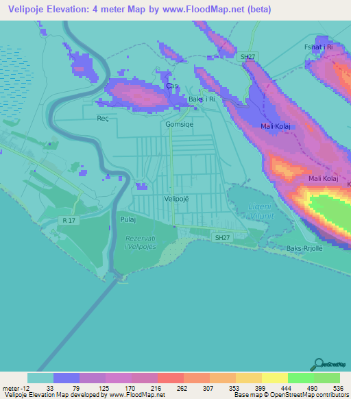 Velipoje,Albania Elevation Map