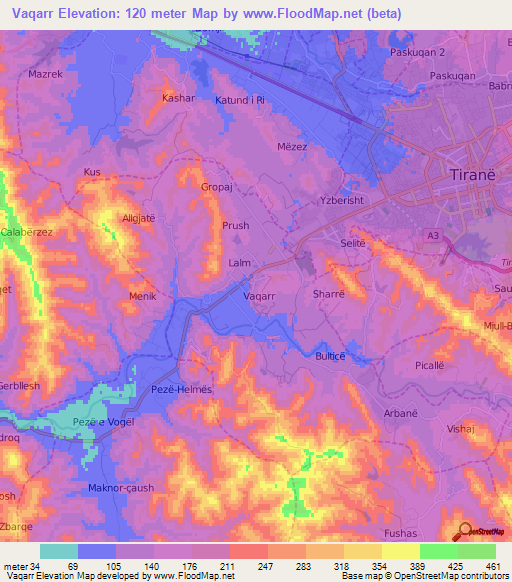 Vaqarr,Albania Elevation Map