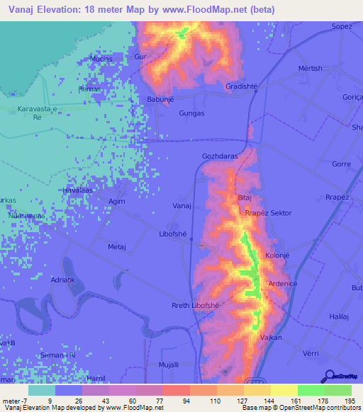 Vanaj,Albania Elevation Map