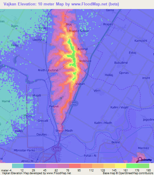Vajkan,Albania Elevation Map