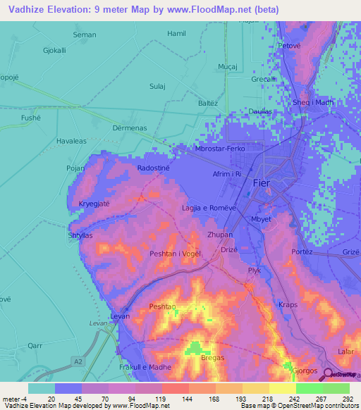 Vadhize,Albania Elevation Map