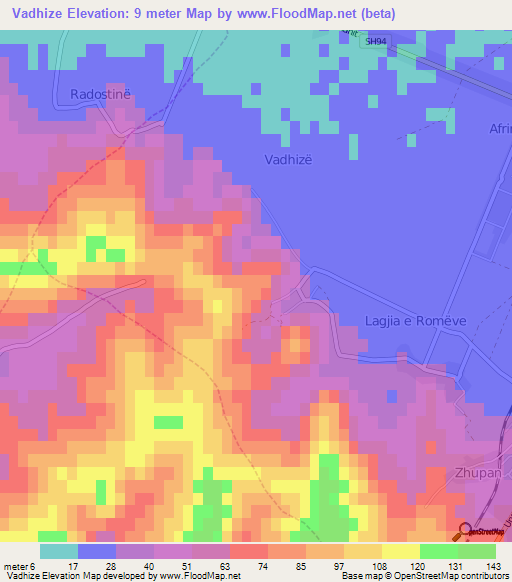 Vadhize,Albania Elevation Map