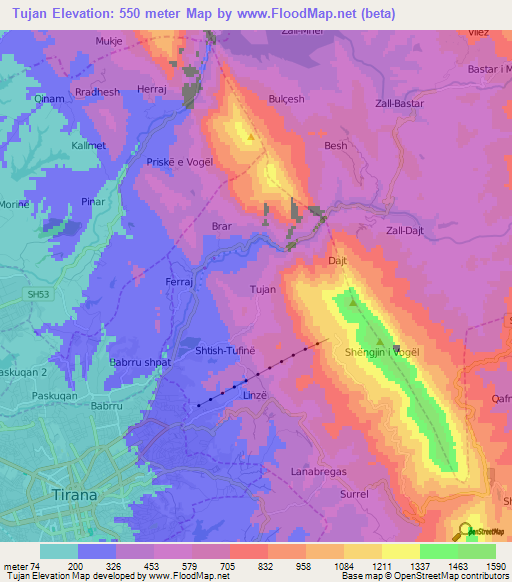 Tujan,Albania Elevation Map