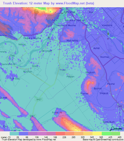 Trush,Albania Elevation Map