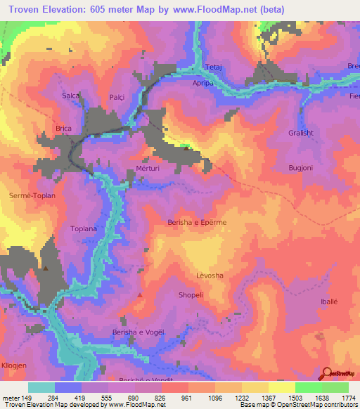 Troven,Albania Elevation Map