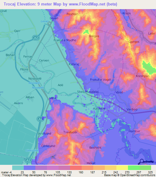 Trocaj,Albania Elevation Map